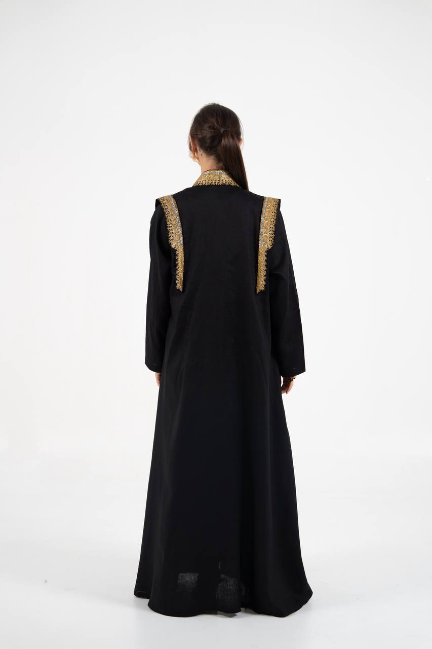 Linen abaya in black with embroidery. C:6762