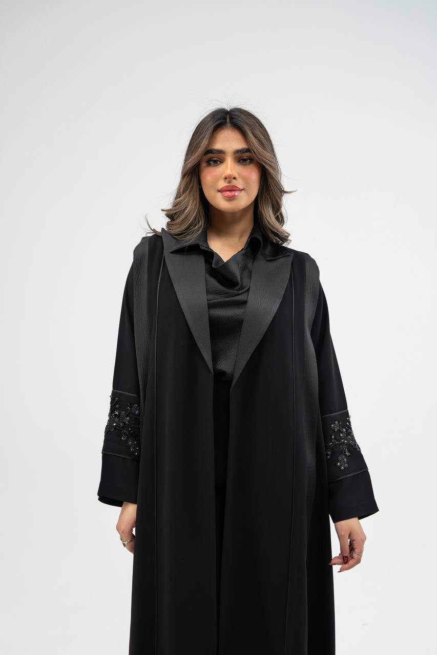 Black crepe fabric abaya with satin. C: 6755 black crepe