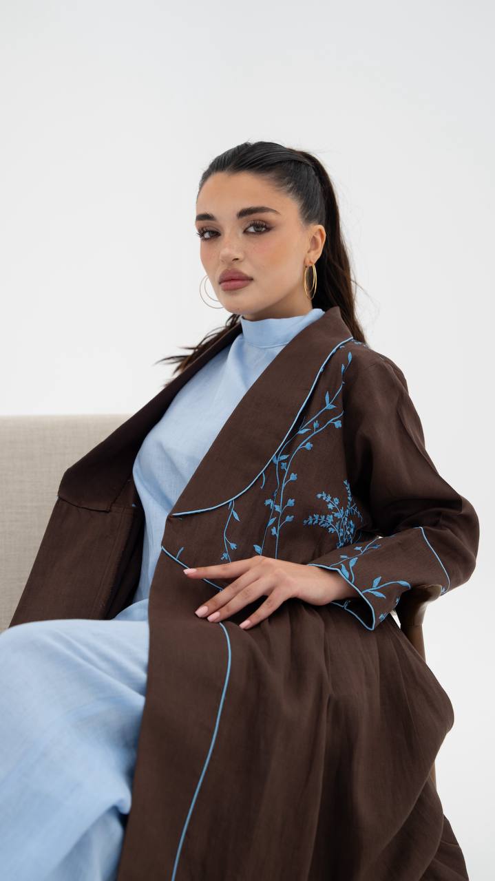 Beige linen abaya with embroidery.C:6786