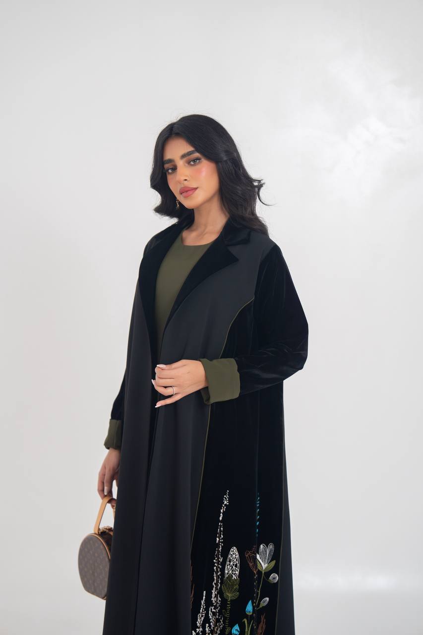 Velvet blazer abaya with crepe and embroidery. C:6711