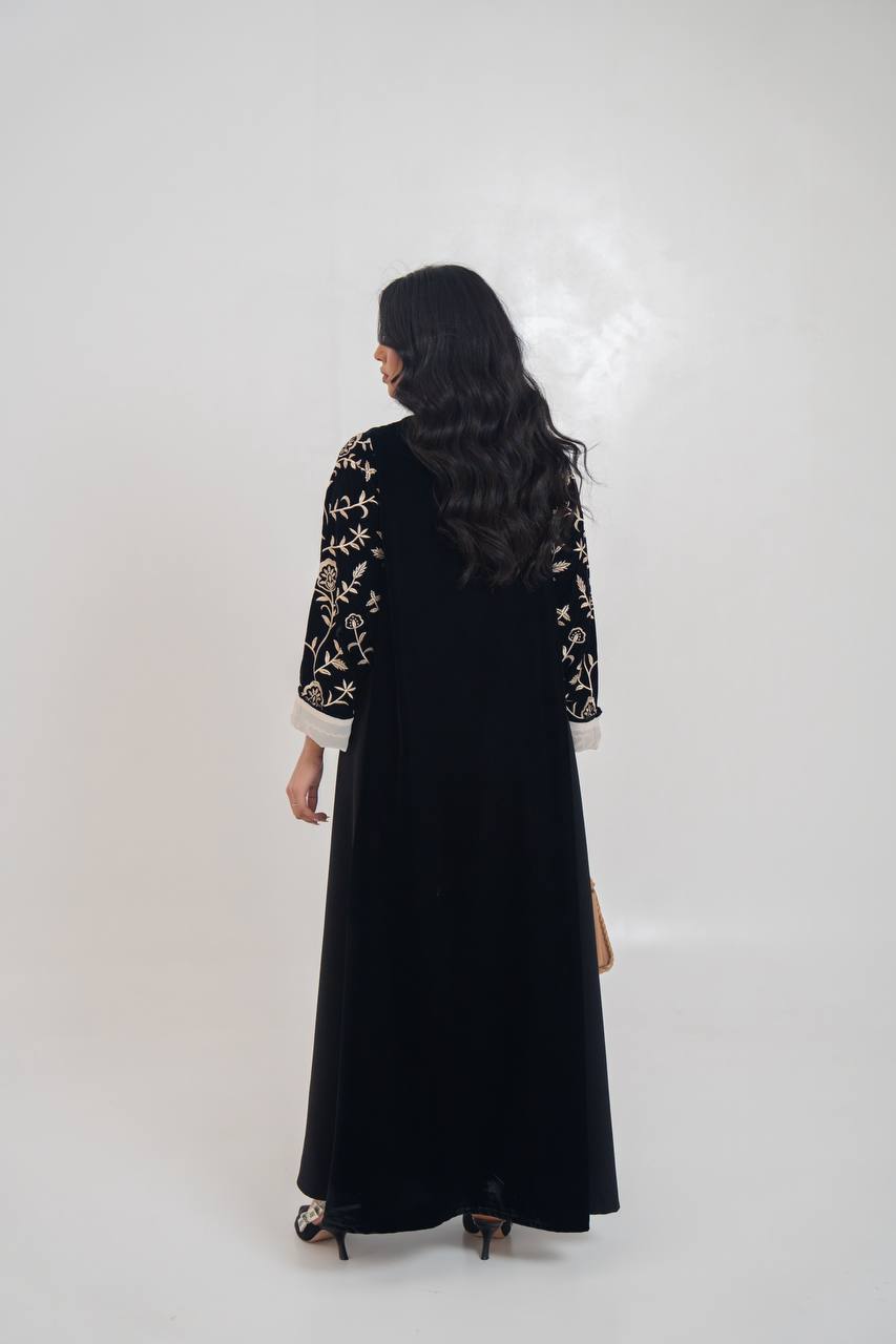 Black velvet abaya with embroidery. C:6710