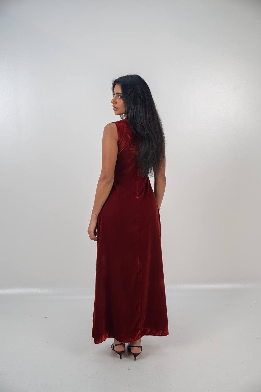 Bisht and dress set in burgundy velvet with hand embellishment.C:6714