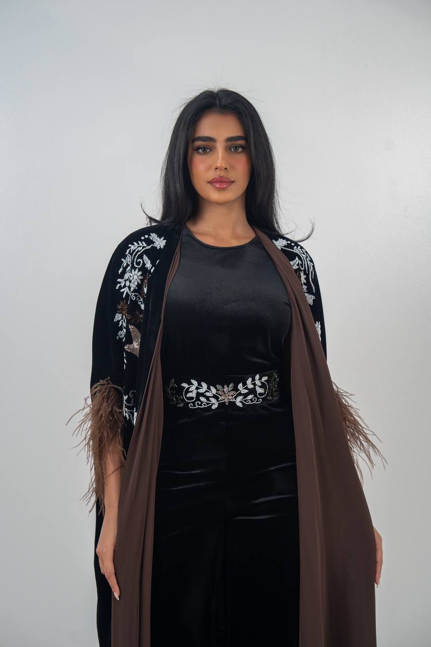 Velvet bisht and jumpsuit set in black with hand embellishment.C:6719