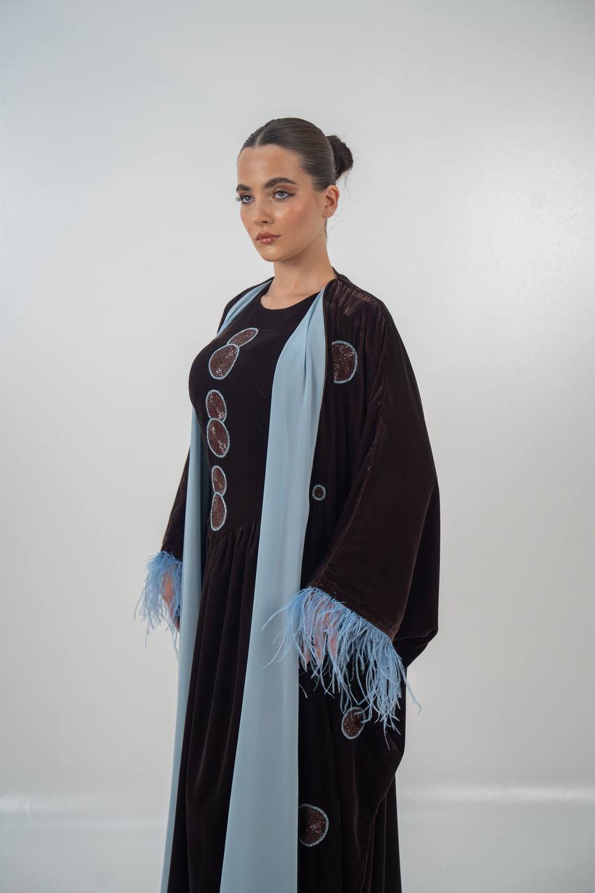 Bisht and dress set in brown velvet with hand embellishment.C:6718