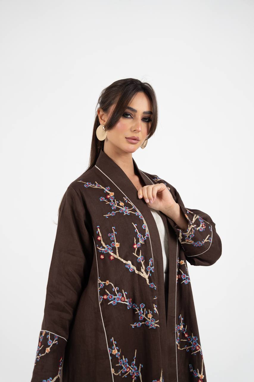 Linen abaya in brown with embroidery. C:6760