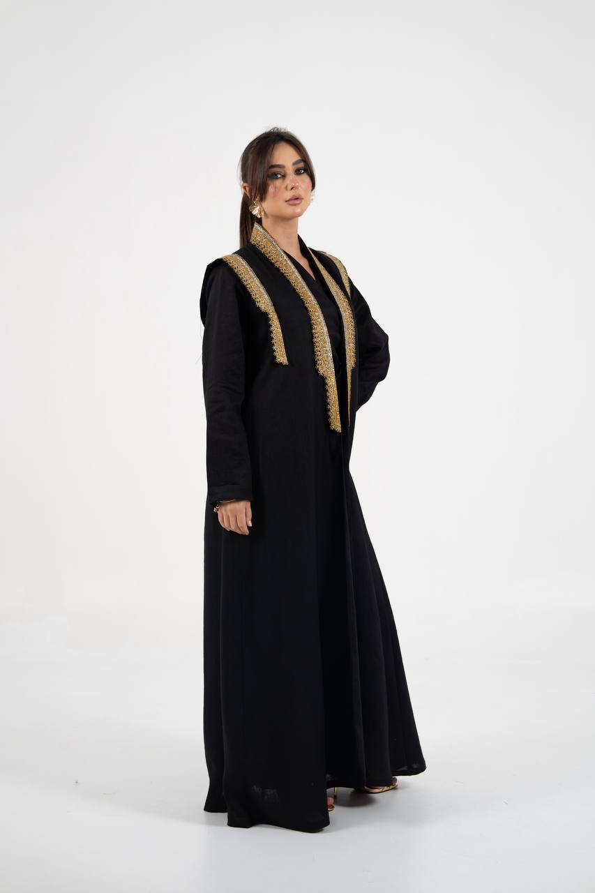 Linen abaya in black with embroidery. C:6762