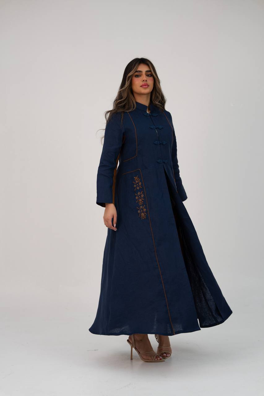Linen abaya in navy blue with hand-stitched details. C:6766