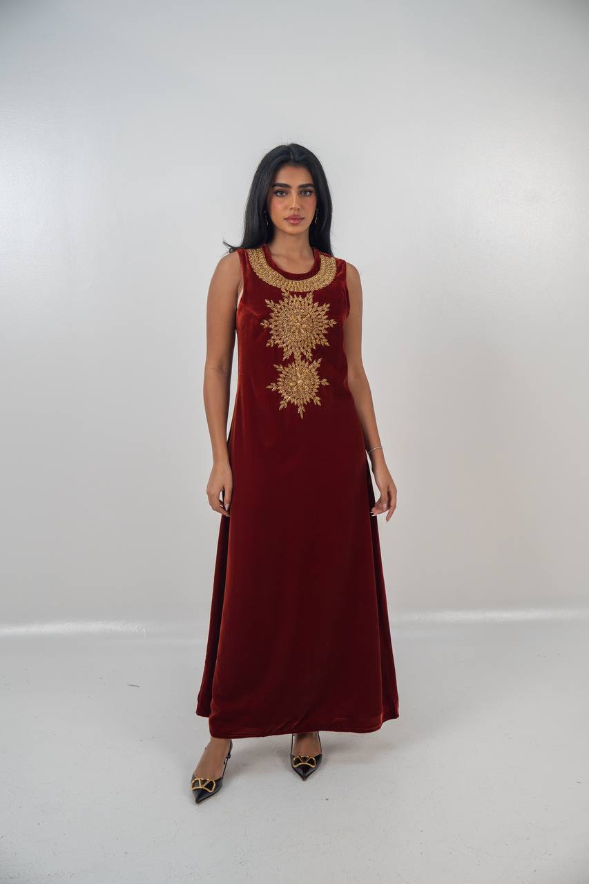 Bisht and dress set in burgundy velvet with hand embellishment.C:6714