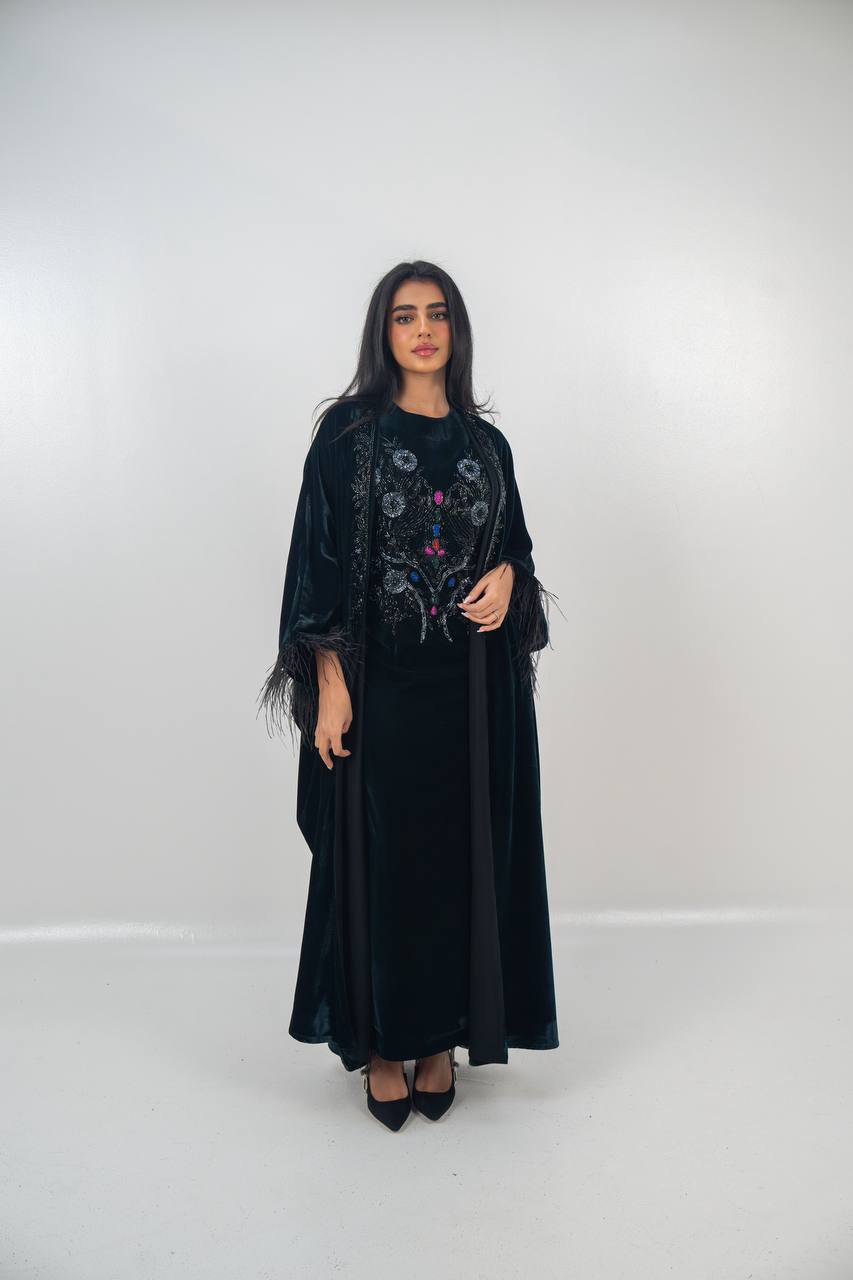A set of bisht and dress, velvet in olive green with hand embroidery..C:6716
