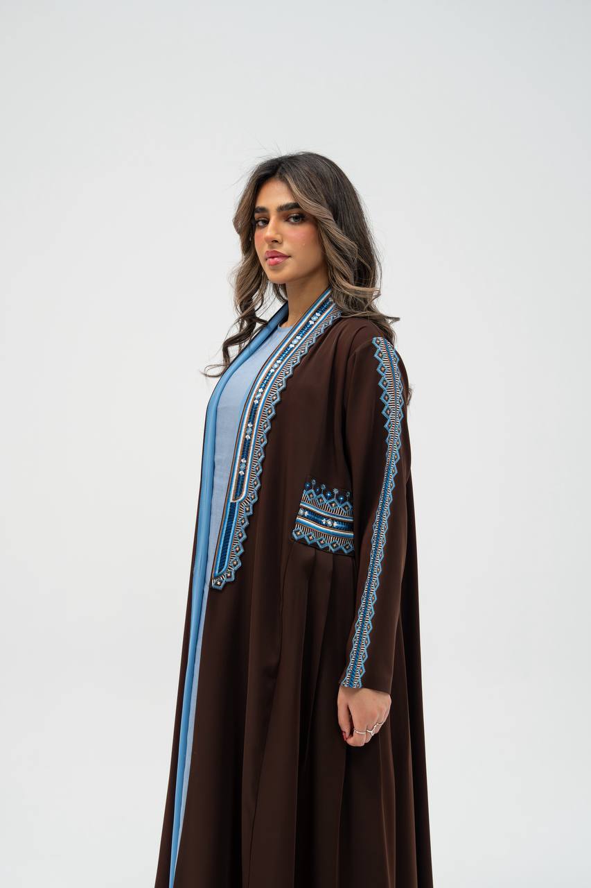 Brown crepe fabric abaya with embroidery. C: 6702 brown crepe