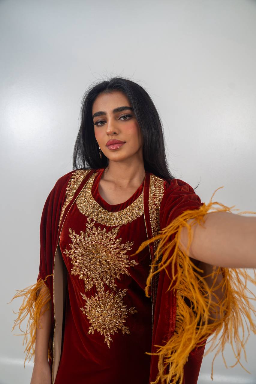 Bisht and dress set in burgundy velvet with hand embellishment.C:6714