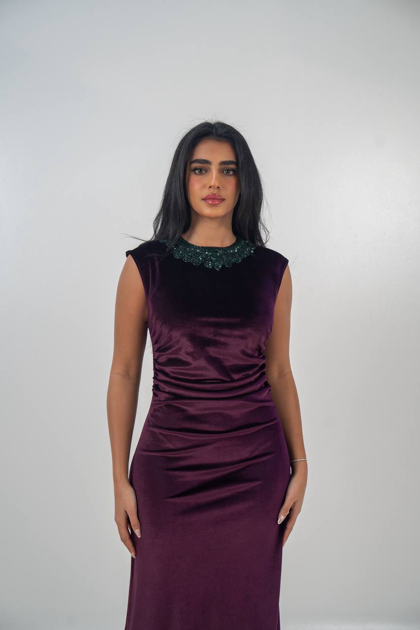 Velvet bisht and dress set in royal purple with hand embellishment.C:6715