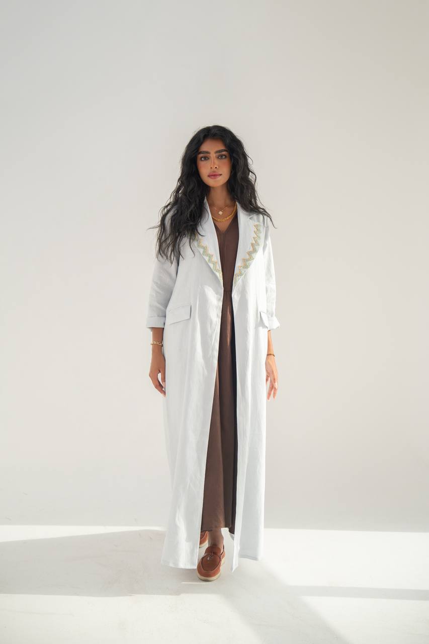 Linen blazer abaya, sky blue with hand embroidery C:6651