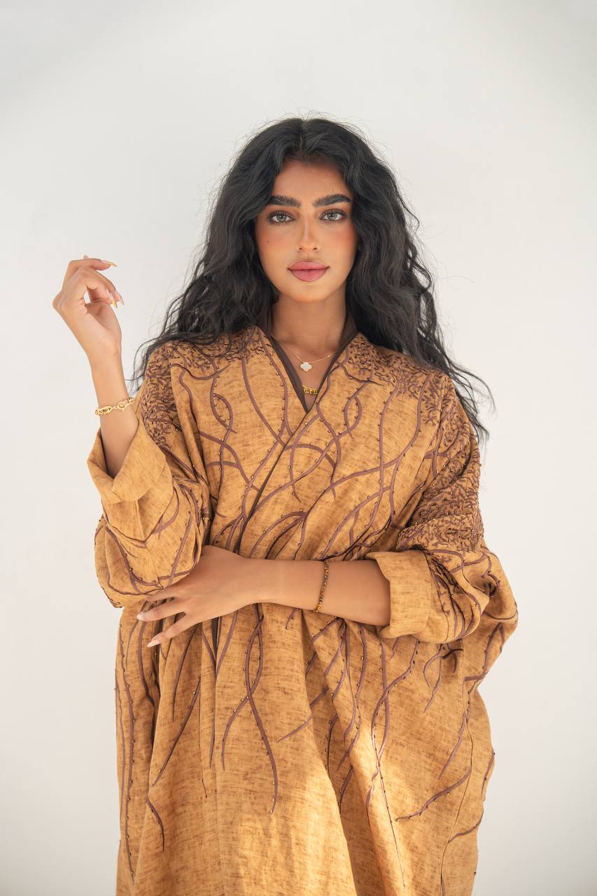 Brown linen bisht abaya with embroidery C:6648