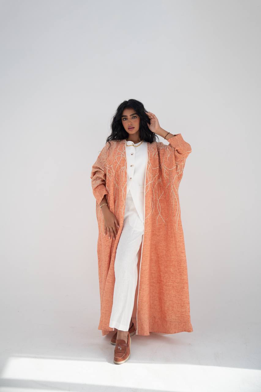 Orange linen bisht abaya with embroidery C:6648