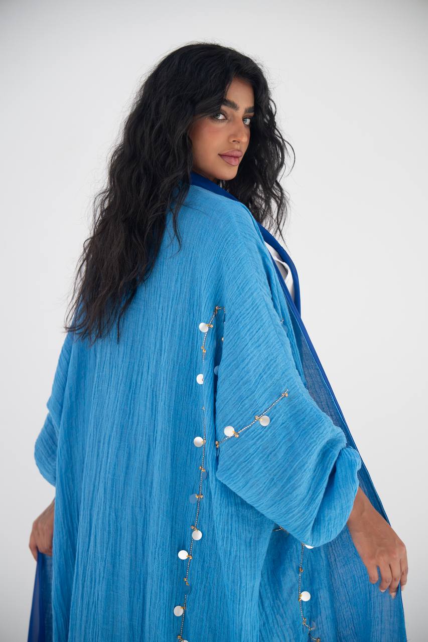 Blue linen abaya with hand embroidery C:6647