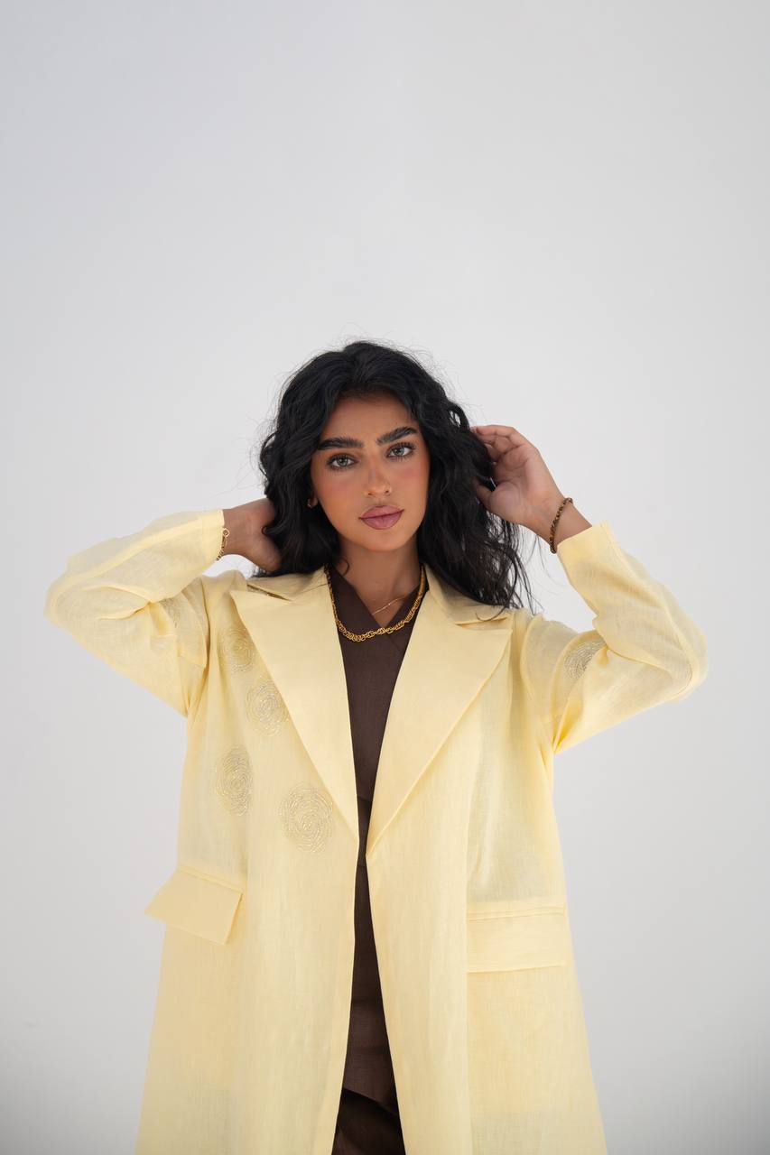 Butter yellow linen blazer abaya with hand embroidery C:6646