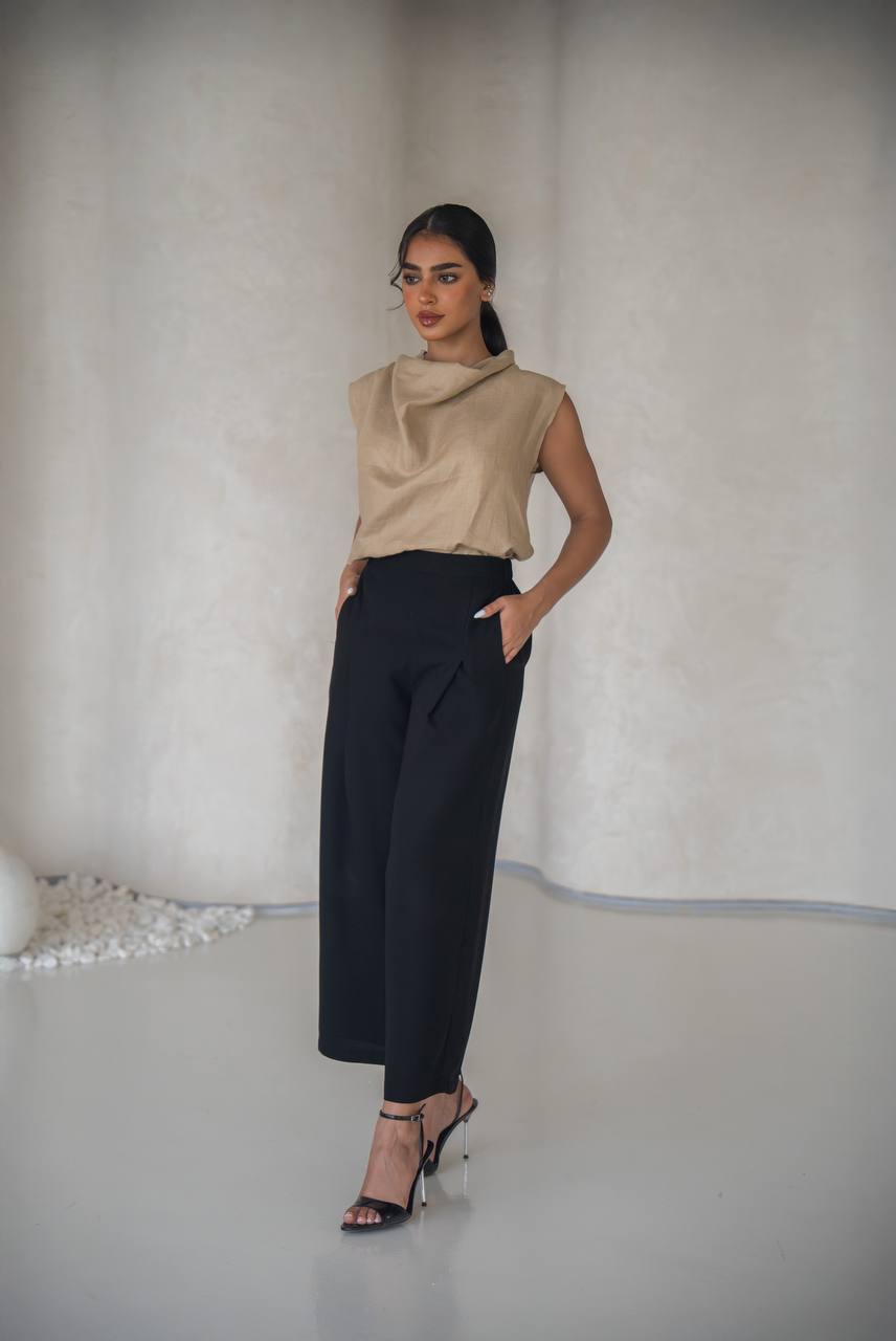 Beige linen blouse and black pants set C:150 Biege-black