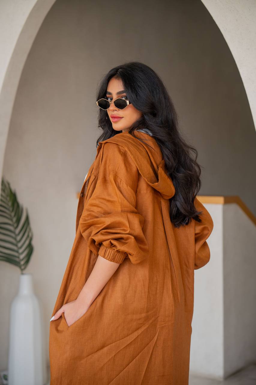 Free size linen abaya in camel color, with inner set C:6634 (Free size)