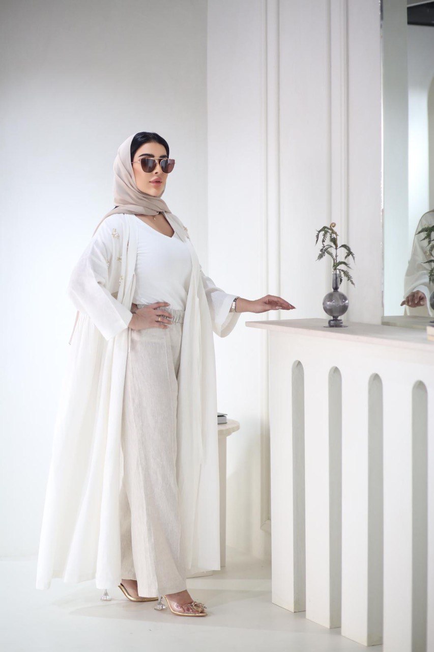 ABAYA LINEN WITH HANDMADE BEAT C;3026WHITE