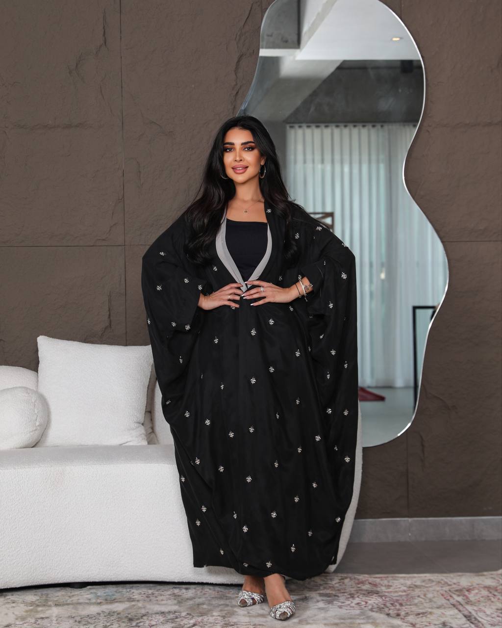 Light beige silk crepe abaya with embroidery C:6387 (Free size)
