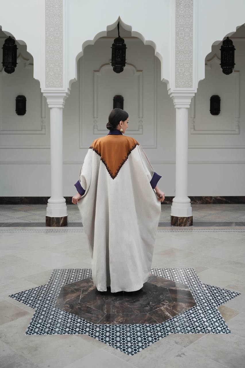 Linen abaya with satin in light beige color C:6599 (Free size)