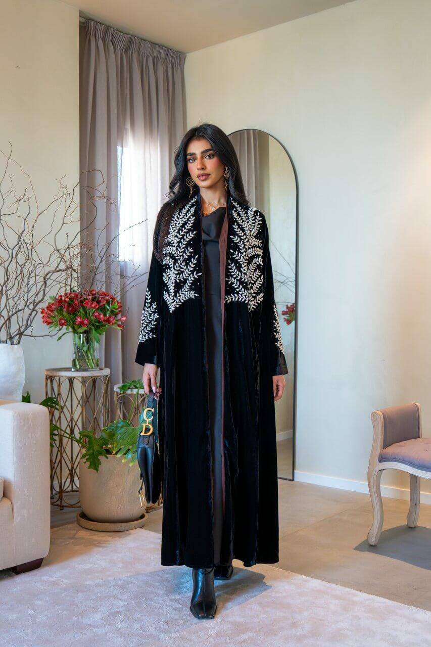 Black velvet abaya with embroidery C:6576