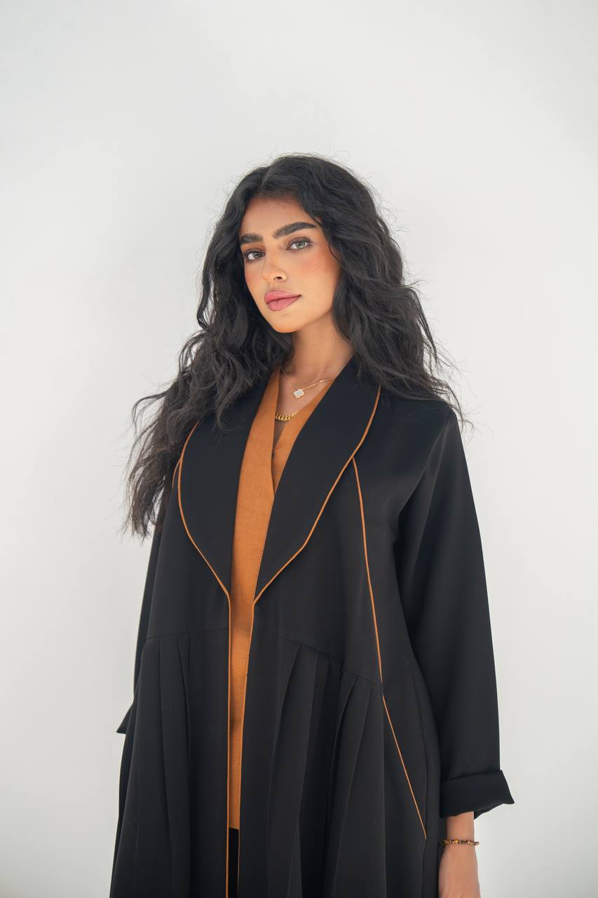 Black crepe blazer abaya set with vest and pants C:6633 Black