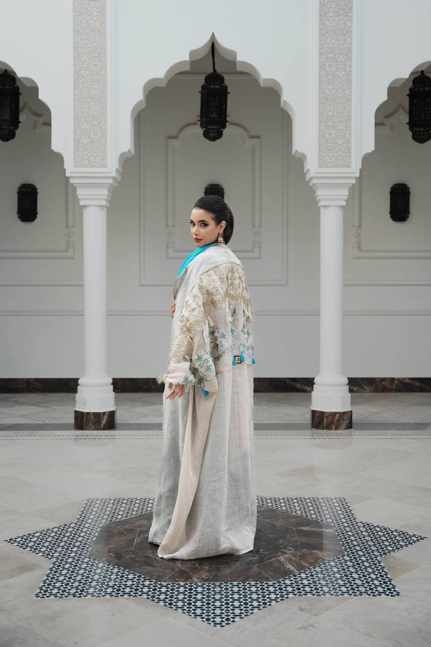 Abaya and dress with light beige hessian material C:6593 Beige