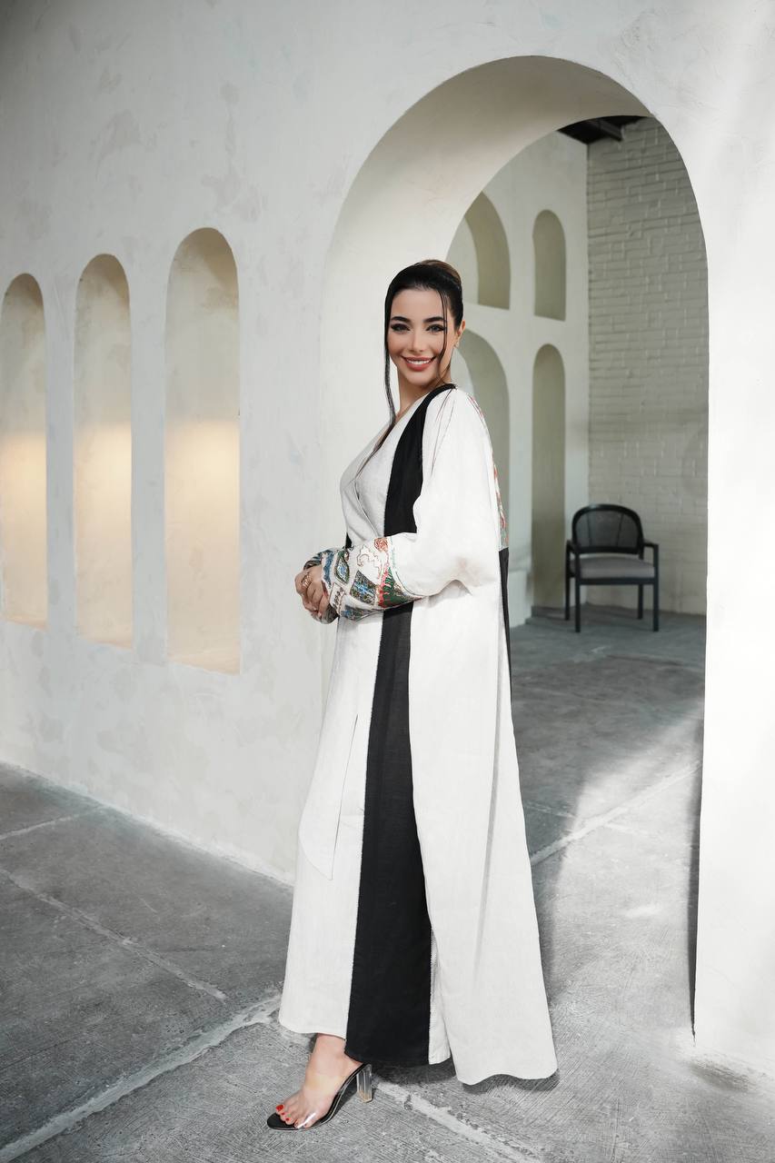 Light beige linen abaya with black inserts and embroidery C:6598