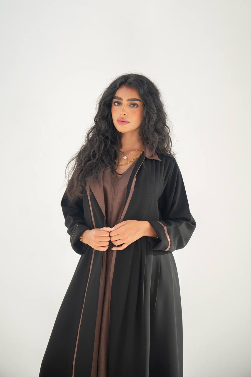 Black crepe blazer abaya with brown details C:6636 Black Crape