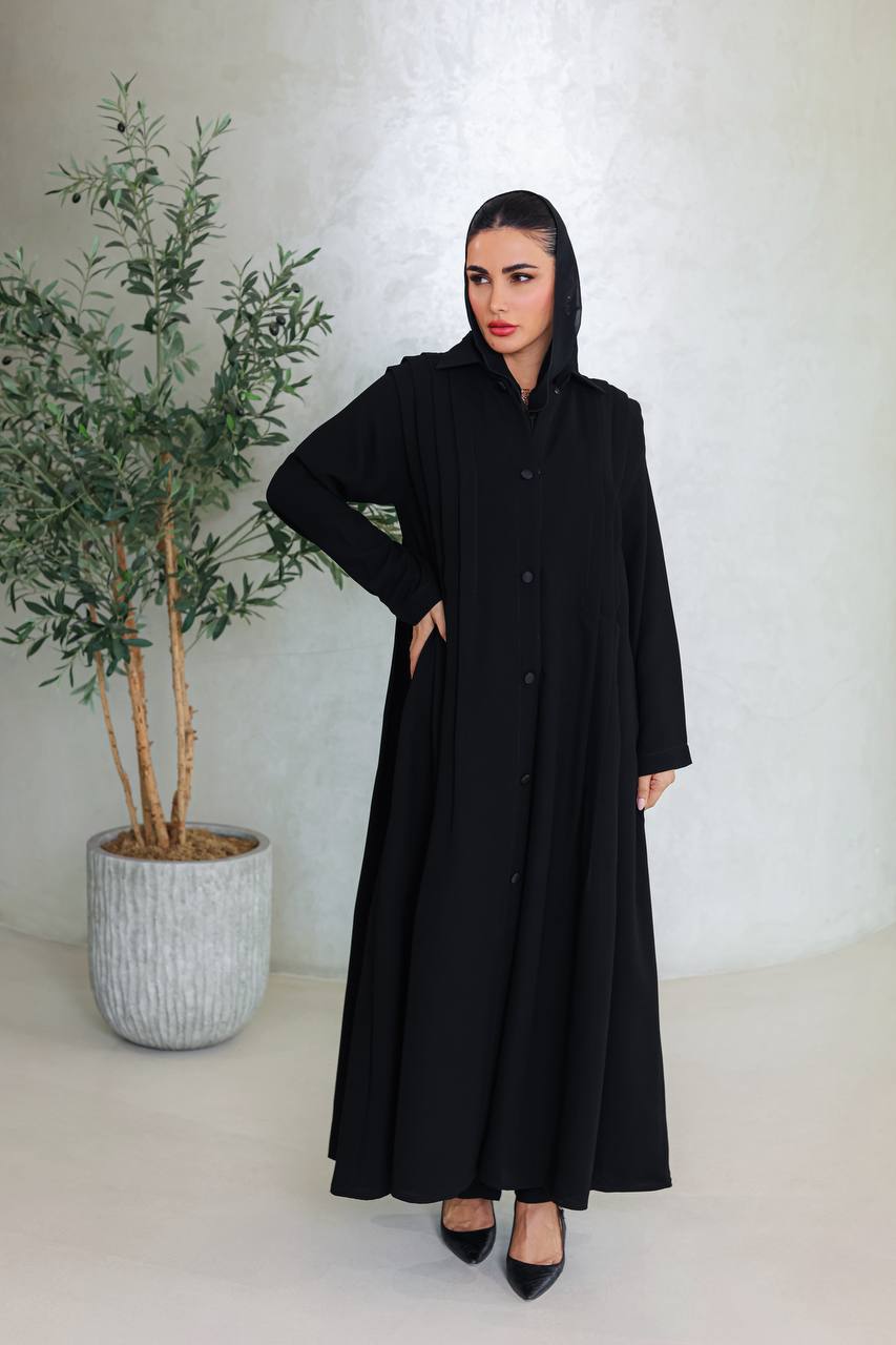 Black crepe abaya with pleats on the sides C:6663