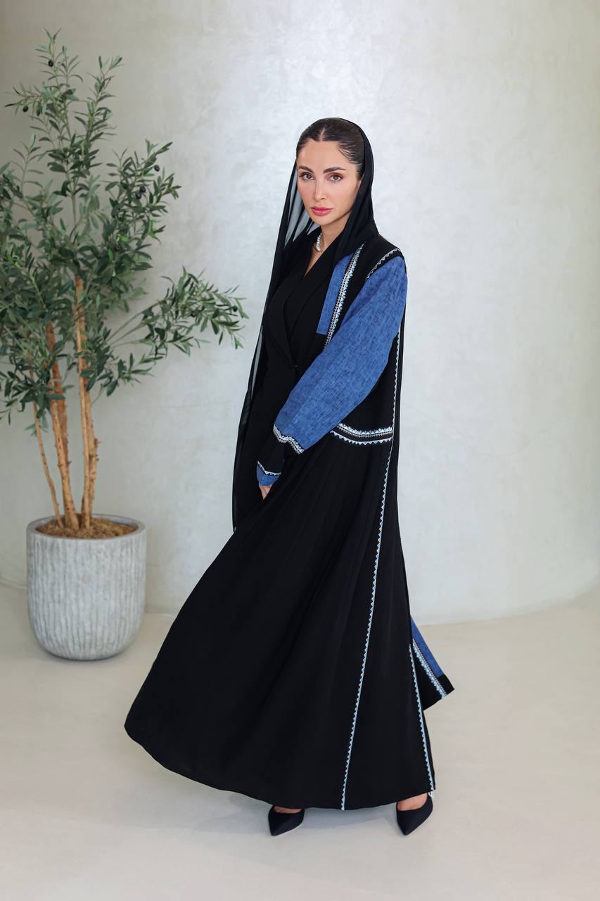 Black crepe abaya with blue embroidery C:6672