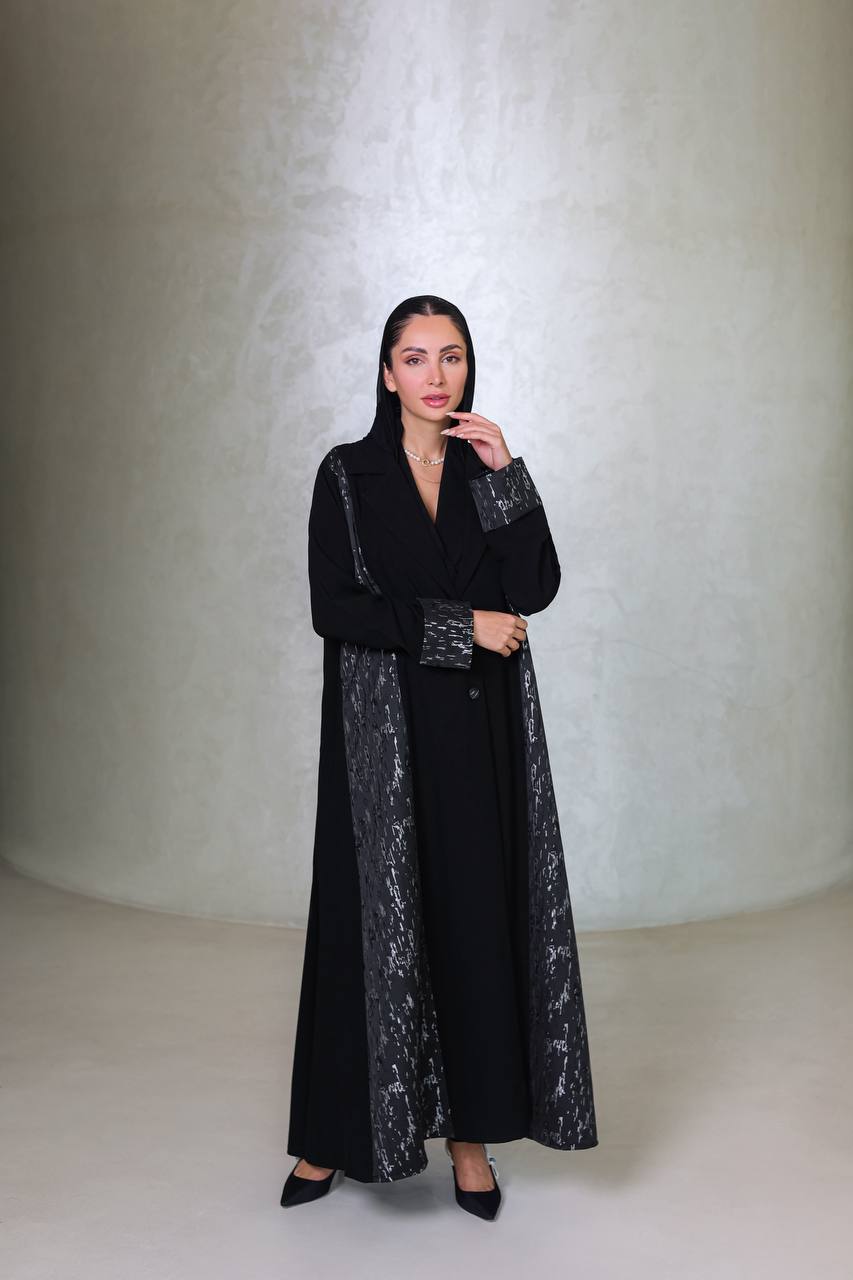 ‏Black crepe abaya with jacquard C:6677