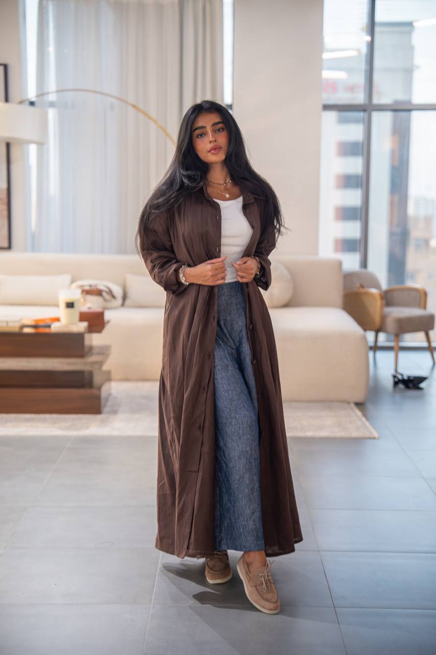 Free size brown linen abaya  C:6663 Brown