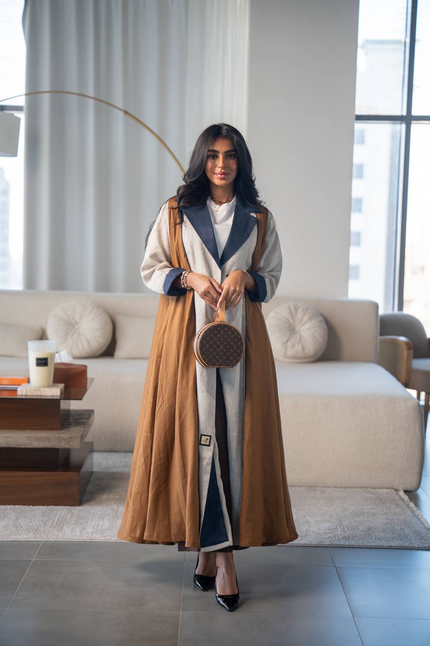 Beige and camel linen abaya. C:6686