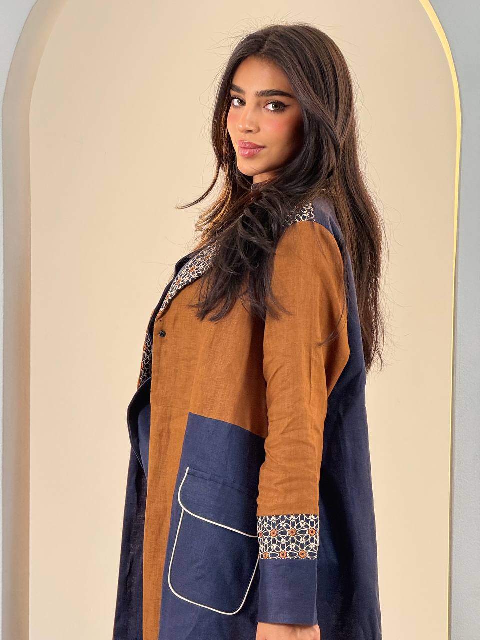Camel and navy linen abaya with embroidery.C:6692