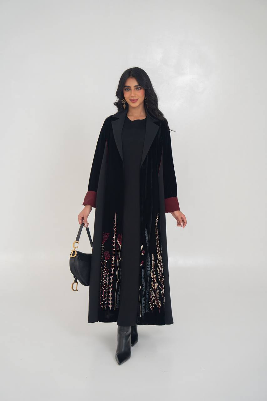 Black velvet blazer abaya with embroidery. C:6712