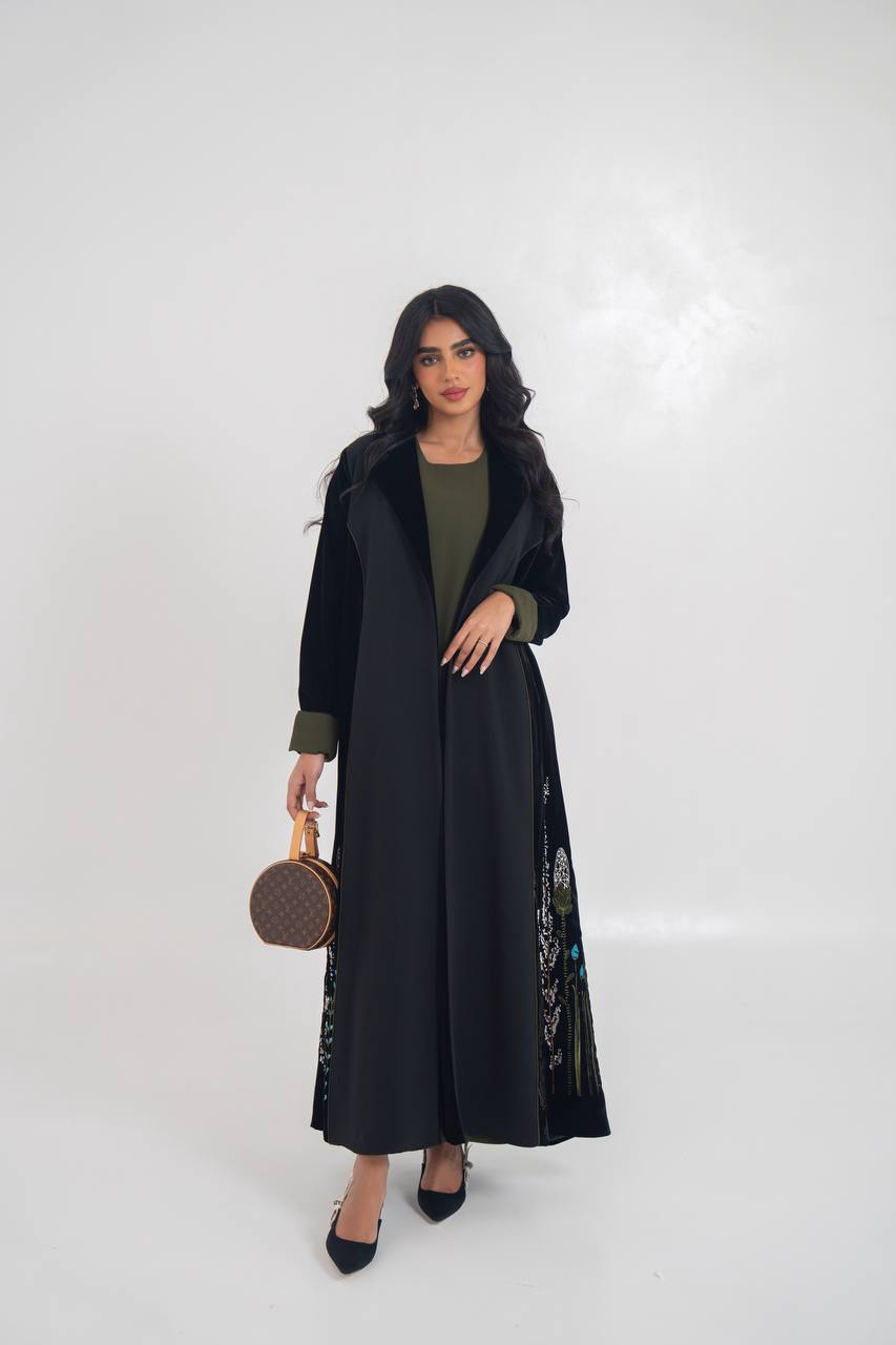 Velvet blazer abaya with crepe and embroidery. C:6711