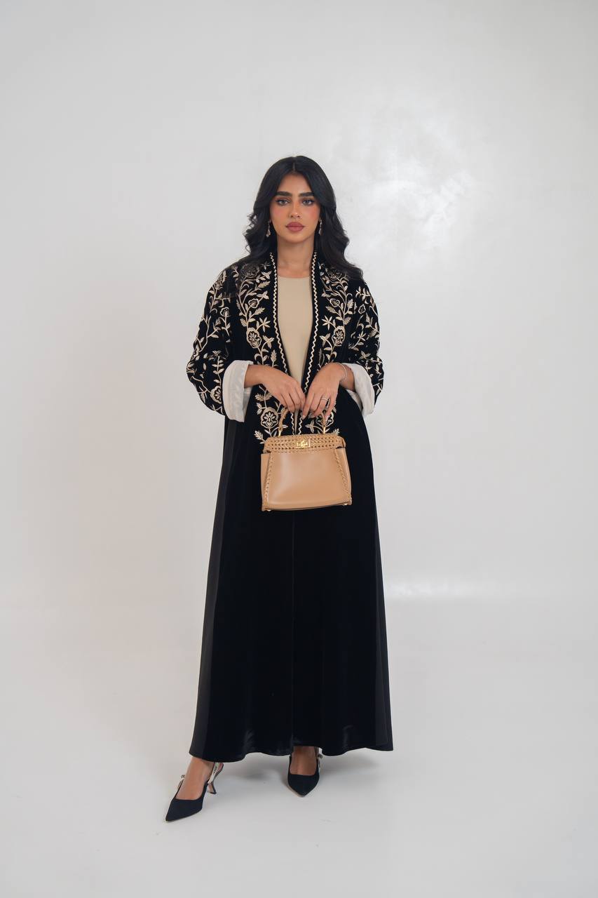 Black velvet abaya with embroidery. C:6710