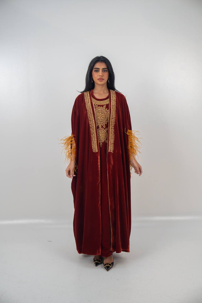 Bisht and dress set in burgundy velvet with hand embellishment.C:6714
