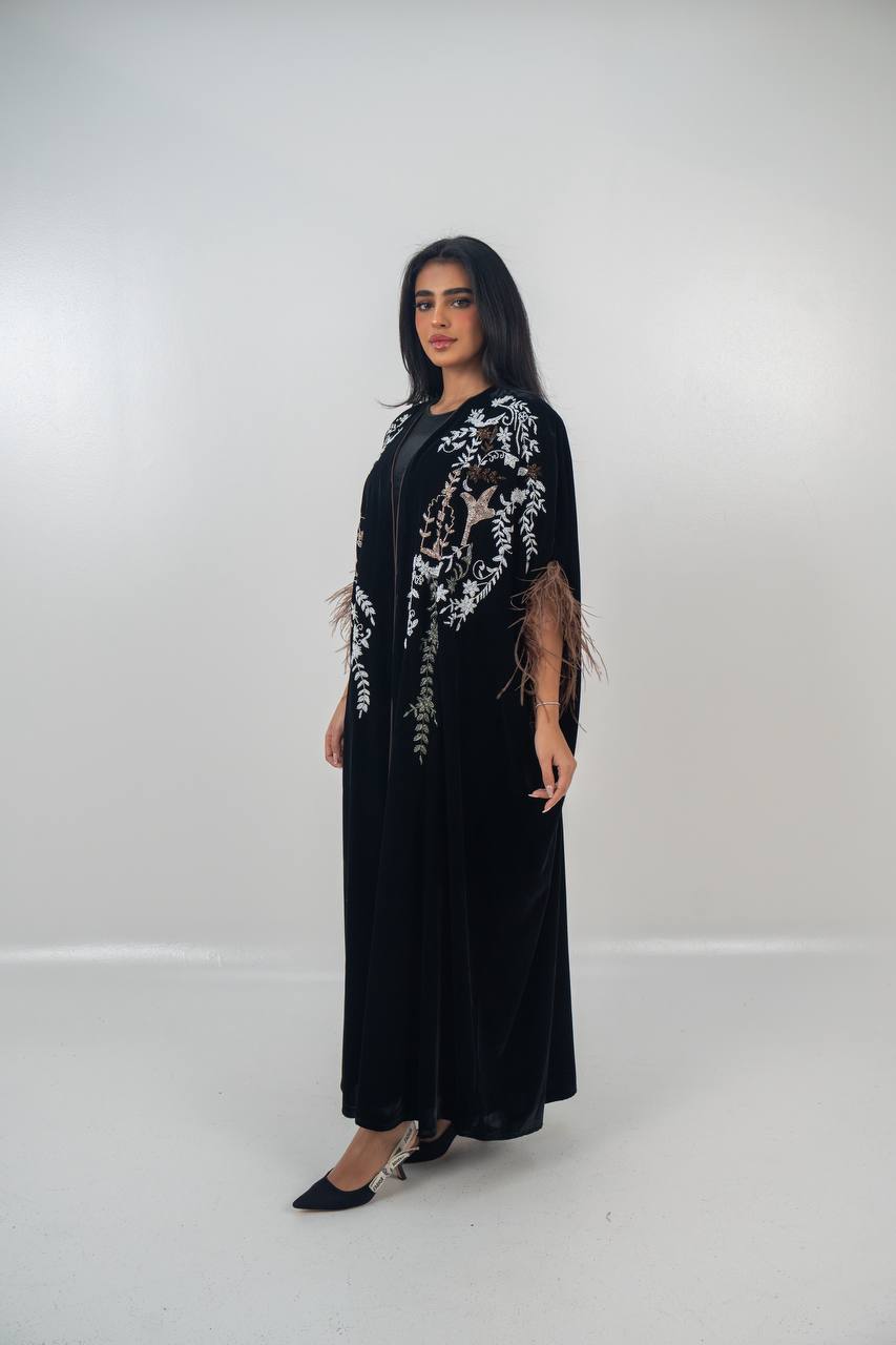 Velvet bisht and jumpsuit set in black with hand embellishment.C:6719
