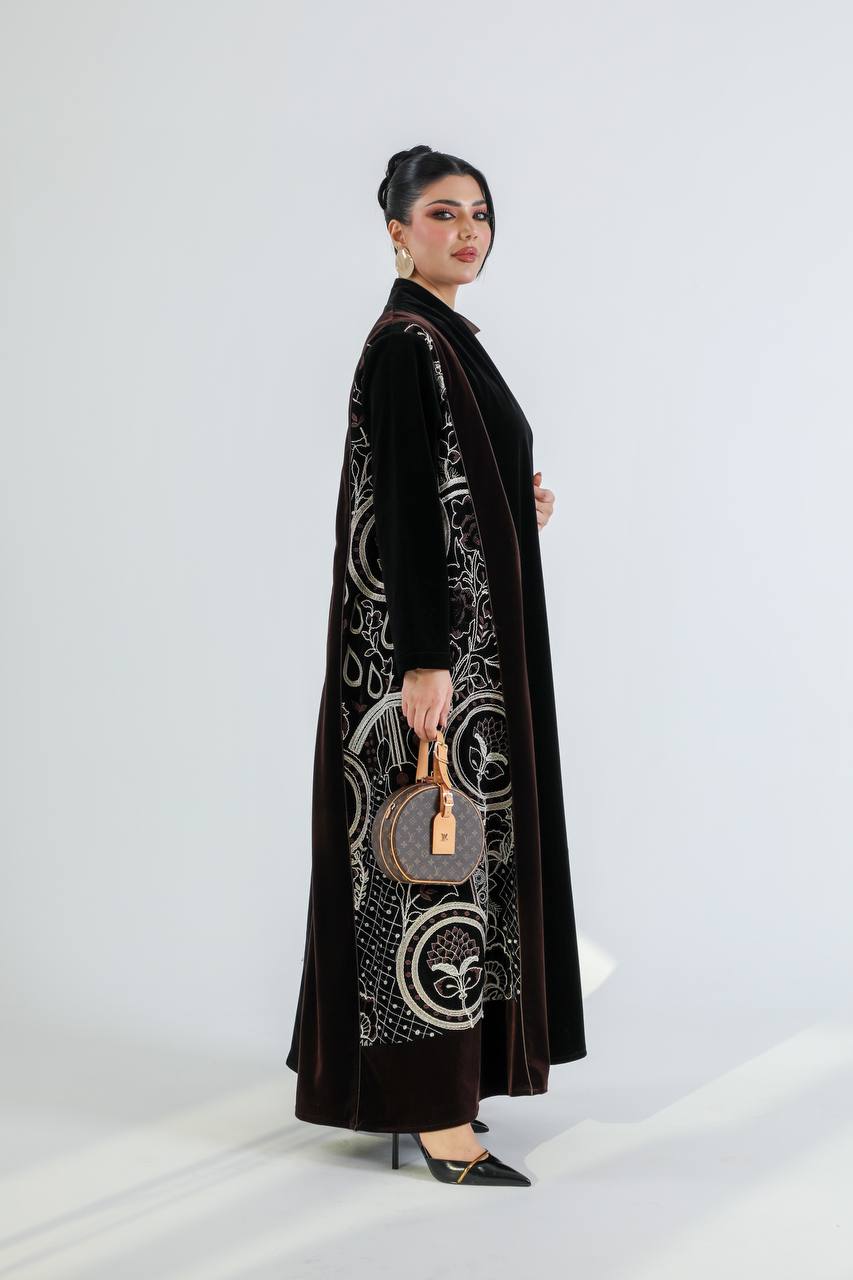 Black and brown velvet abaya with embroidery. C:6725