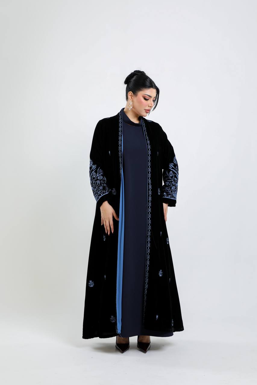 Black velvet abaya with blue embroidery. C:6721 Blue