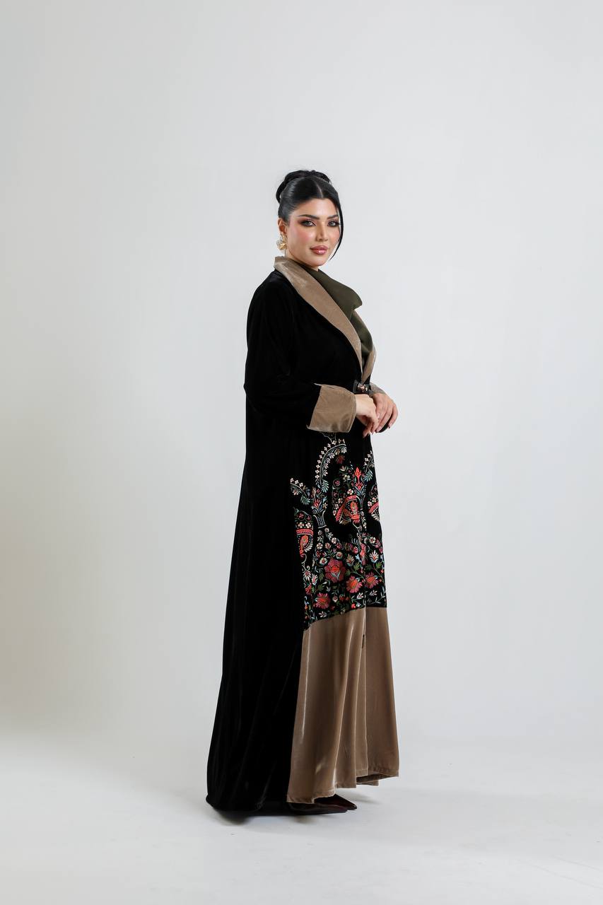 Black velvet blazer abaya with embroidery.C:6723