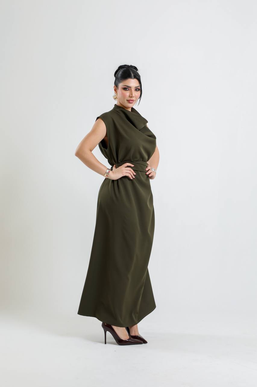 crepe dress in olive green. C:198 Green