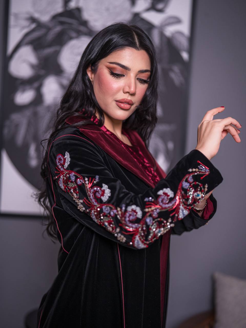 Black velvet blazer abaya with hand-stitched details. C:6735