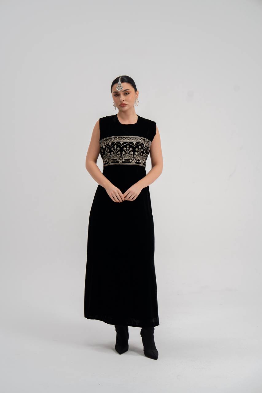 Black velvet dress with embroidery. C:225