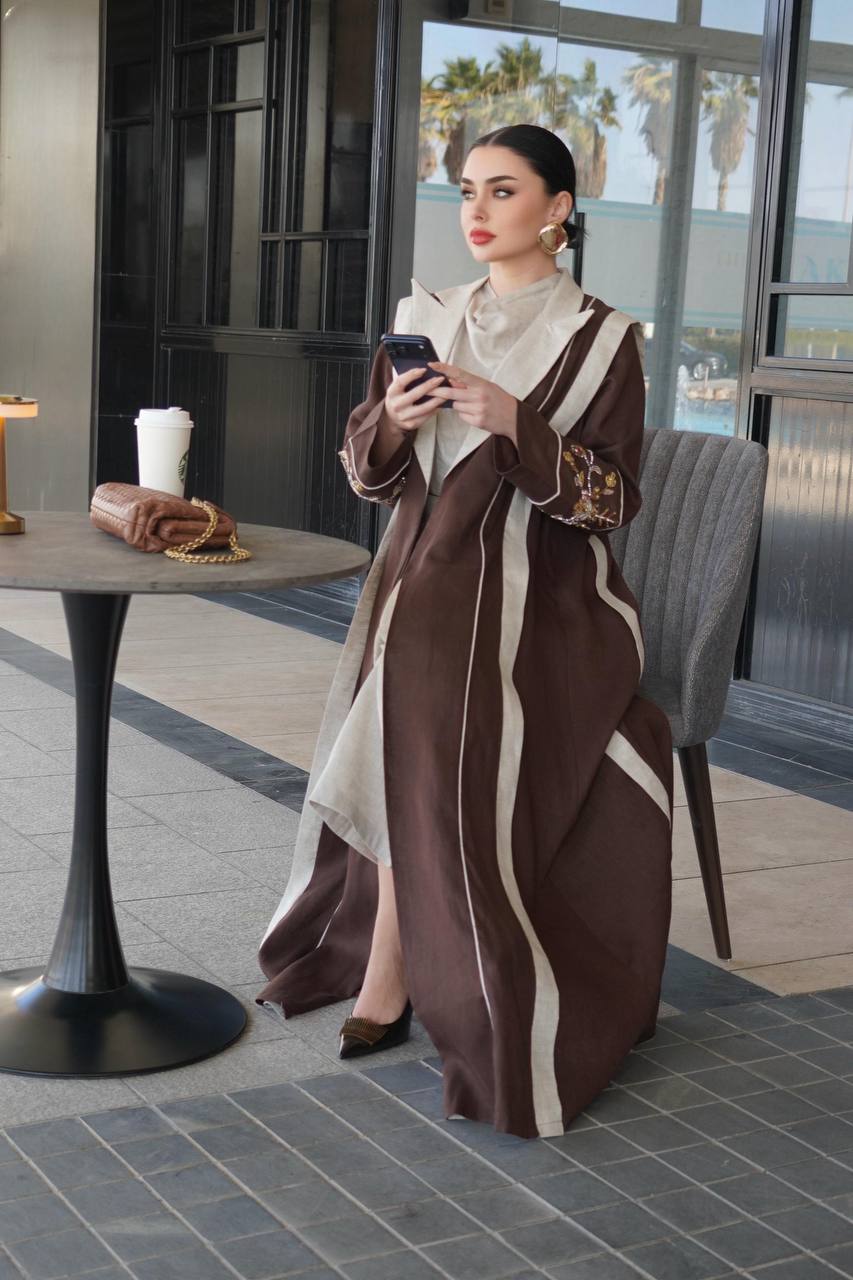 Brown linen blazer abaya with hand-stitched details. C:6755