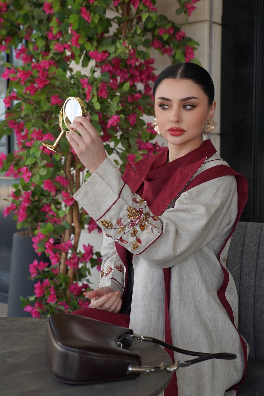 Beige linen blazer abaya with hand-stitched details .C:6755